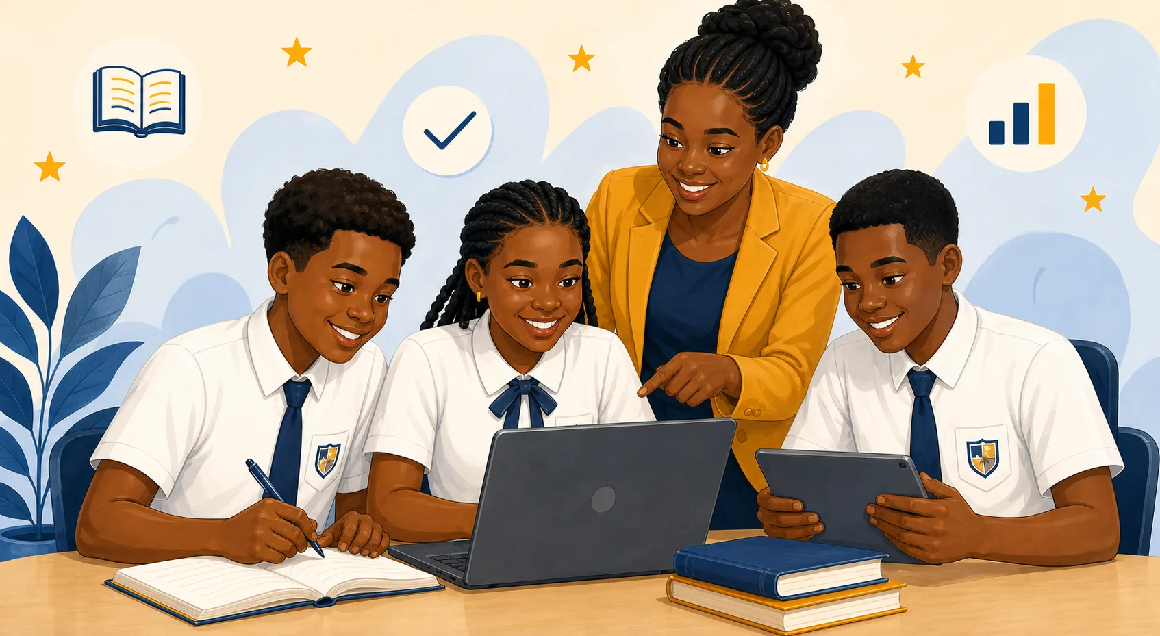 A teacher helping three Nigerian secondary-school students learn together with a laptop, tablet and books
