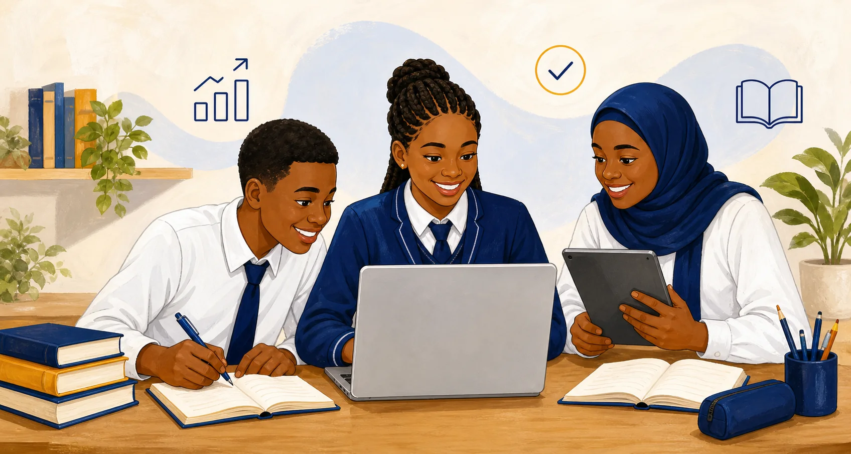 Three Nigerian learners studying together with a laptop, tablet, books and notebooks