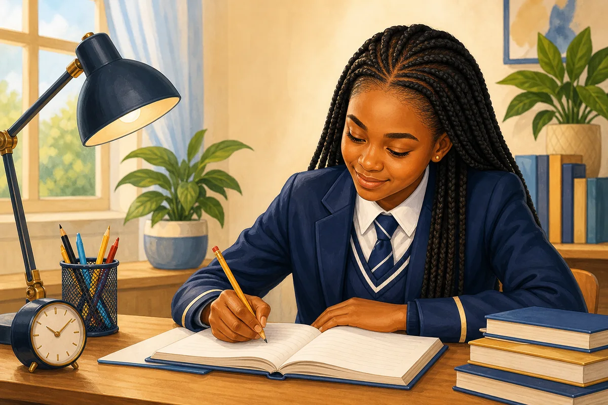 A learner writing in her notebook during a focused home study session