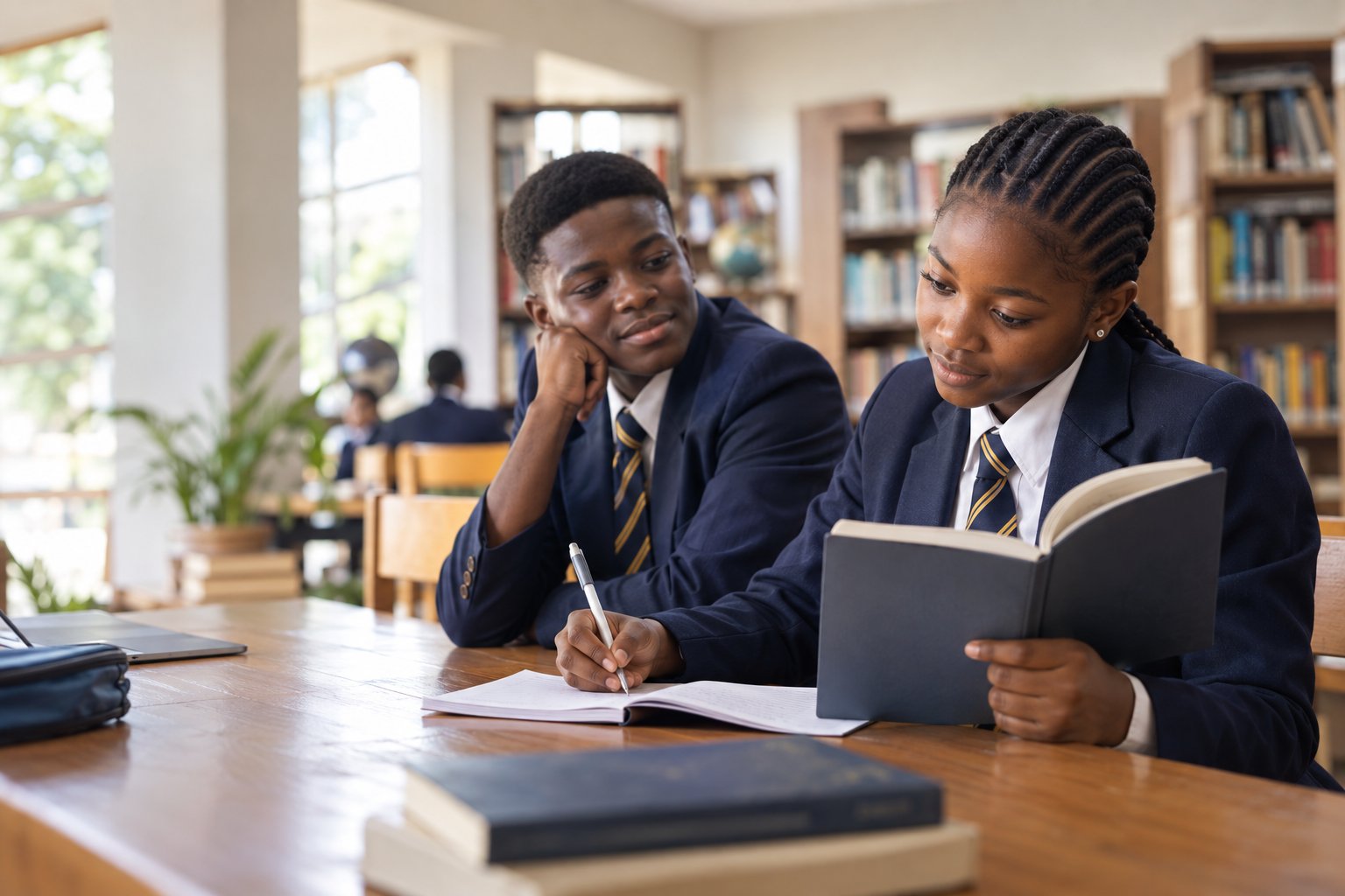 A learner reading and taking notes in a school library.