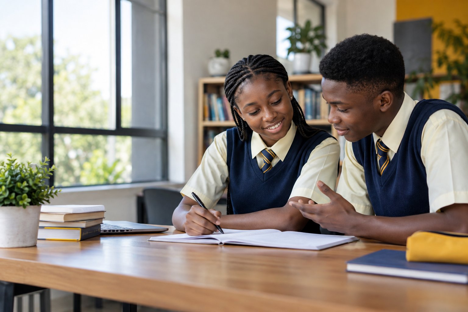 Two Nigerian secondary-school learners preparing together