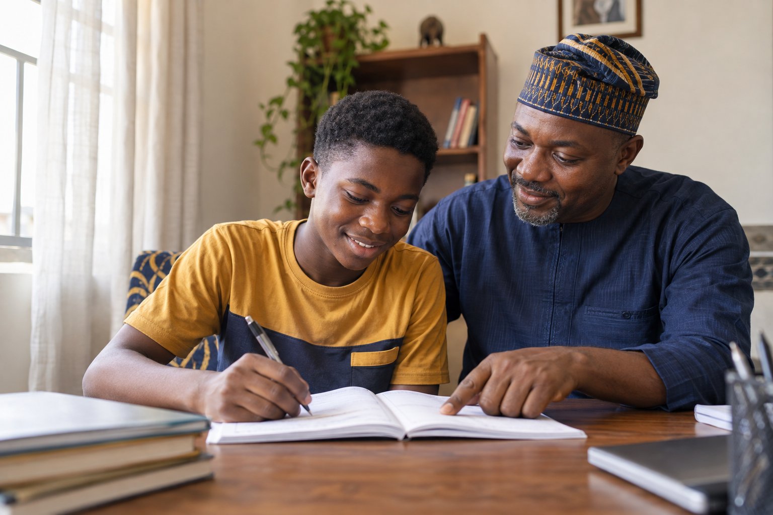 A Nigerian parent supporting their teenage learner at home