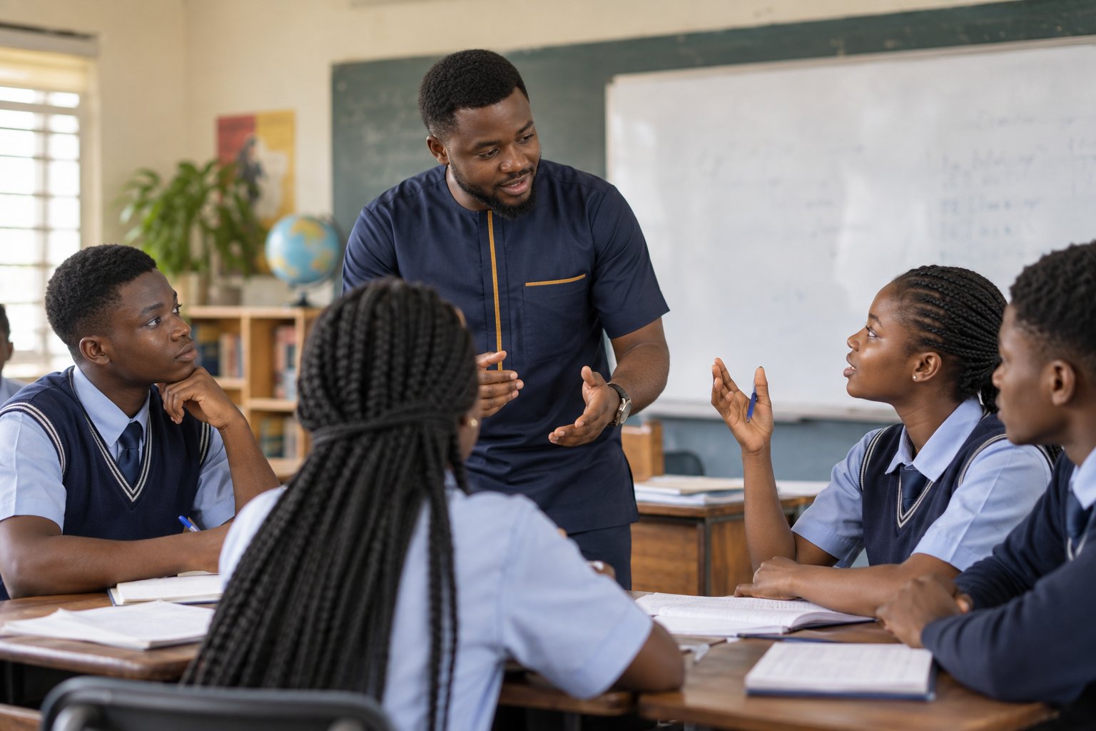 A Nigerian tutor listening to a student question