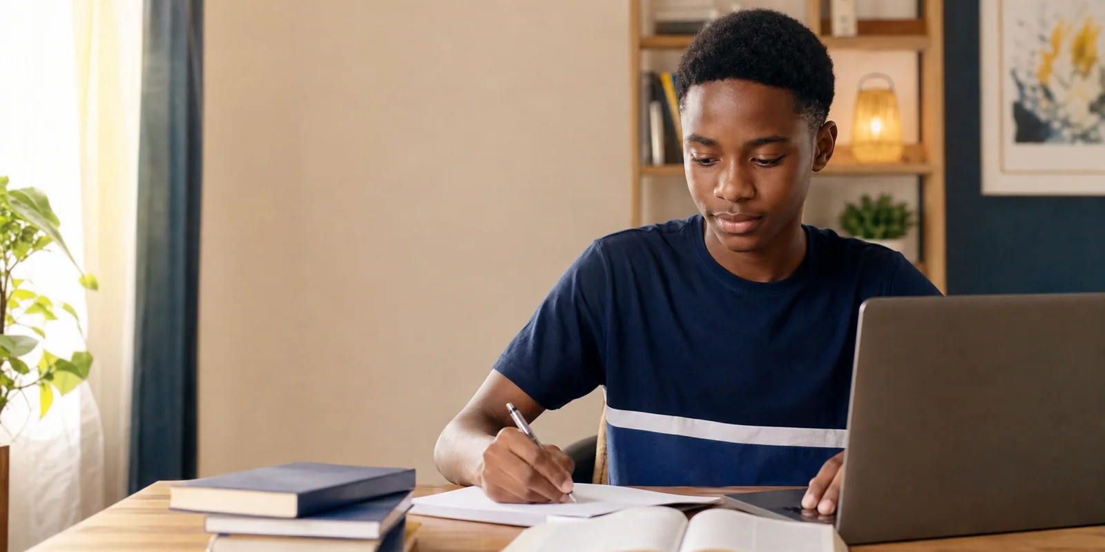 Nigerian secondary-school student studying with a laptop and notebook