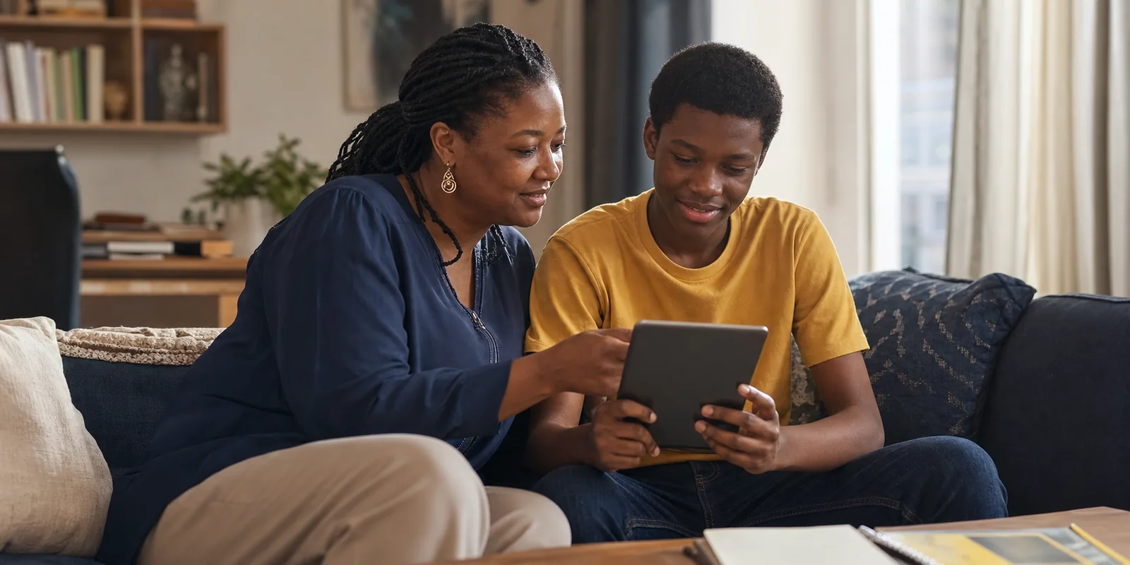 Nigerian parent and teenage learner reviewing progress together on a tablet